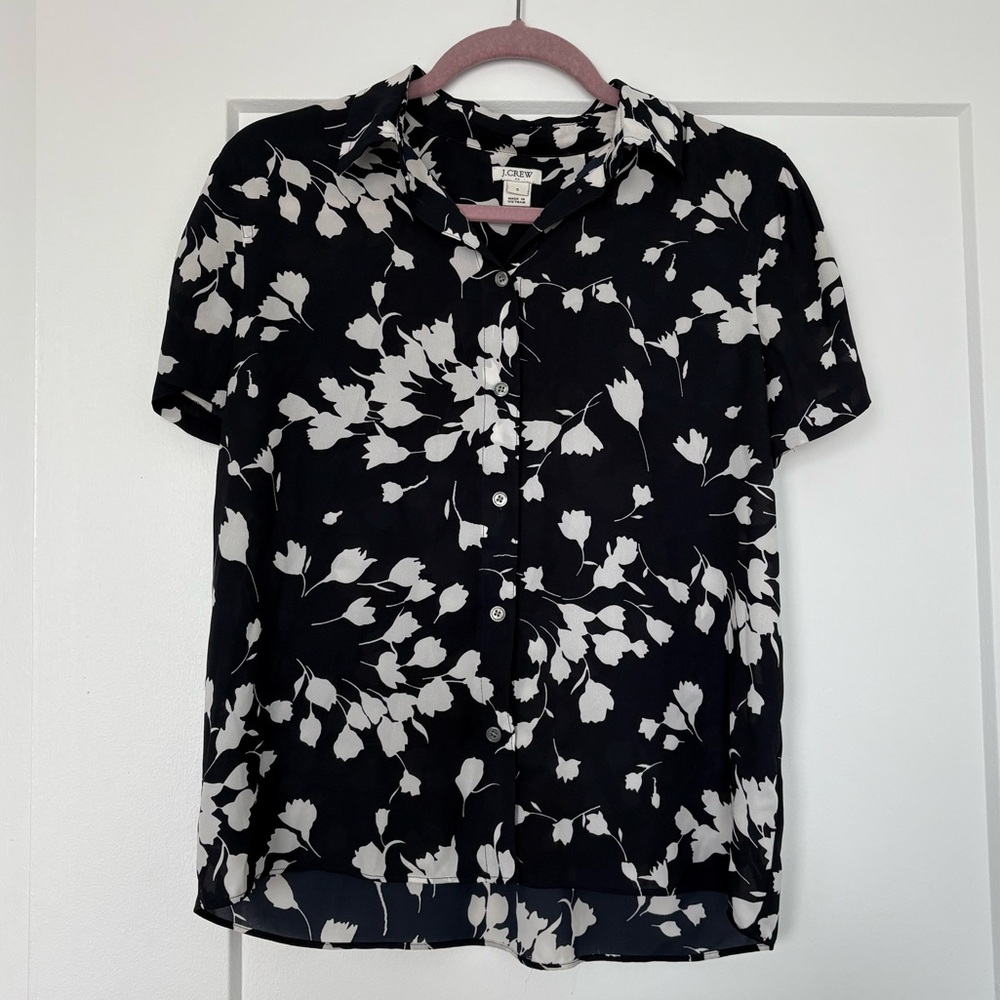 J. Crew Black and White Floral Chiffon Button Down Shirt